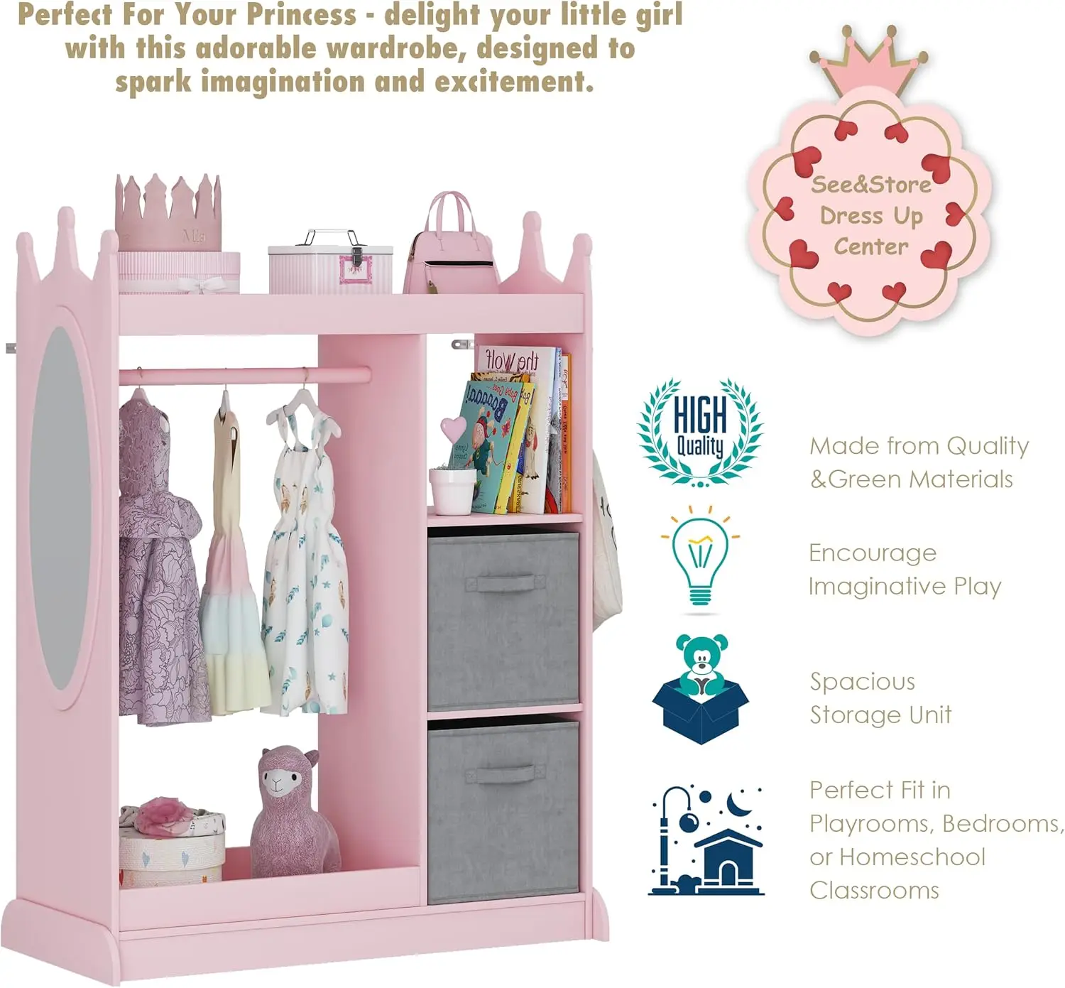 Armoire pour enfants avec miroir et bac de rangement, armoire rose, appels, qualité et style, beaucoup d'options de seuil et d'âge