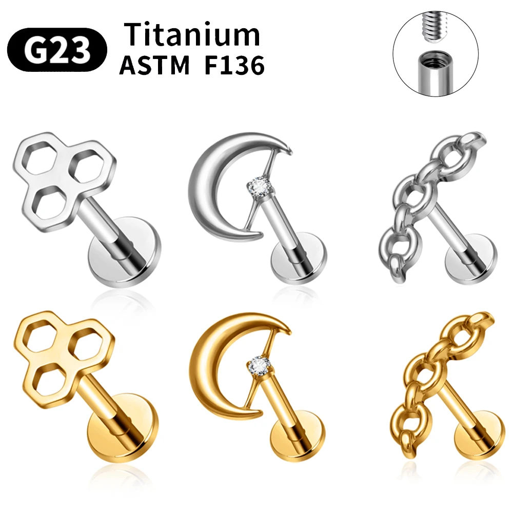 ASTM F136 Labret الشفاه الأنف مسمار وأقراط للنساء ثقب الجسم G23 التيتانيوم 16 جرام الزنمة الغضروف أقراط