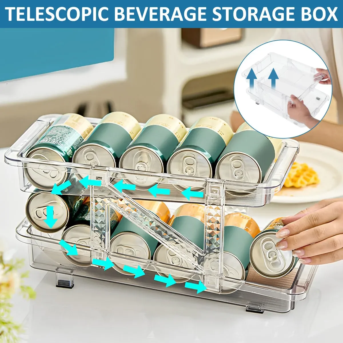 2-Layer Beverage Can Organizer Refrigerator Automatic Rolling Beer Storage Box Stackable Fridge Can Drink Dispenser Holder New