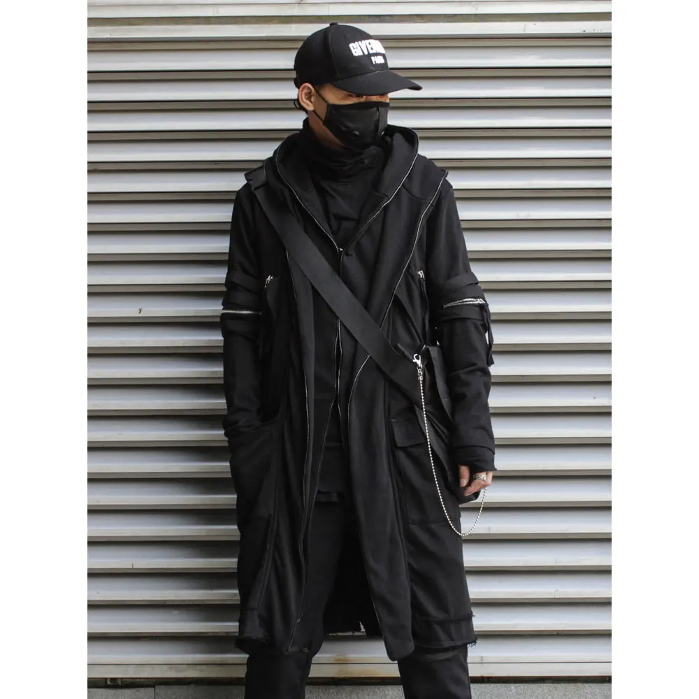 AOGZ Long Fake-two Double-layer Zipper Hooded Jacket Tactical Jacket Mens Hip Hop Streetwear Loose Outwear Techwear Coat Cotton