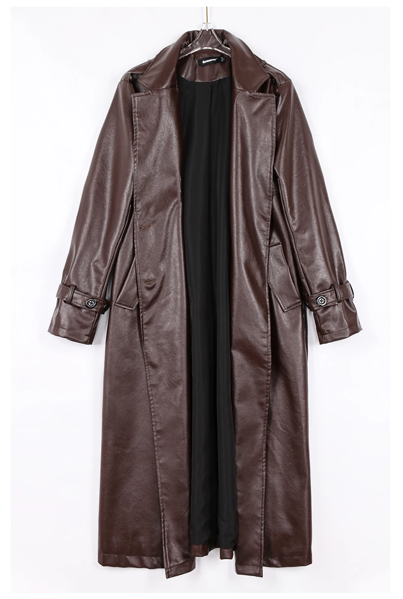 Lautaro Spring Autumn Long Black Soft Pu Leather Trench Coat for Women Belt Double Breasted Cool Handsome European Fashion 2022