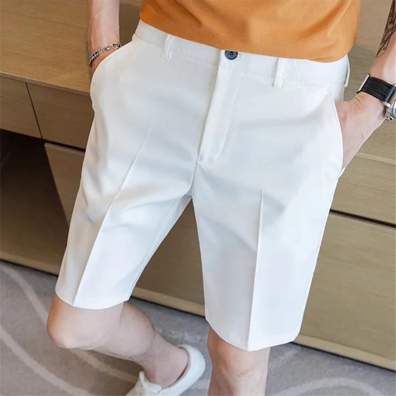 Summer Smart Casual Shorts Men Fashion Solid Color Slim Suit Shorts Mens Dress Office Knee Length Short Pants Male Streetwear