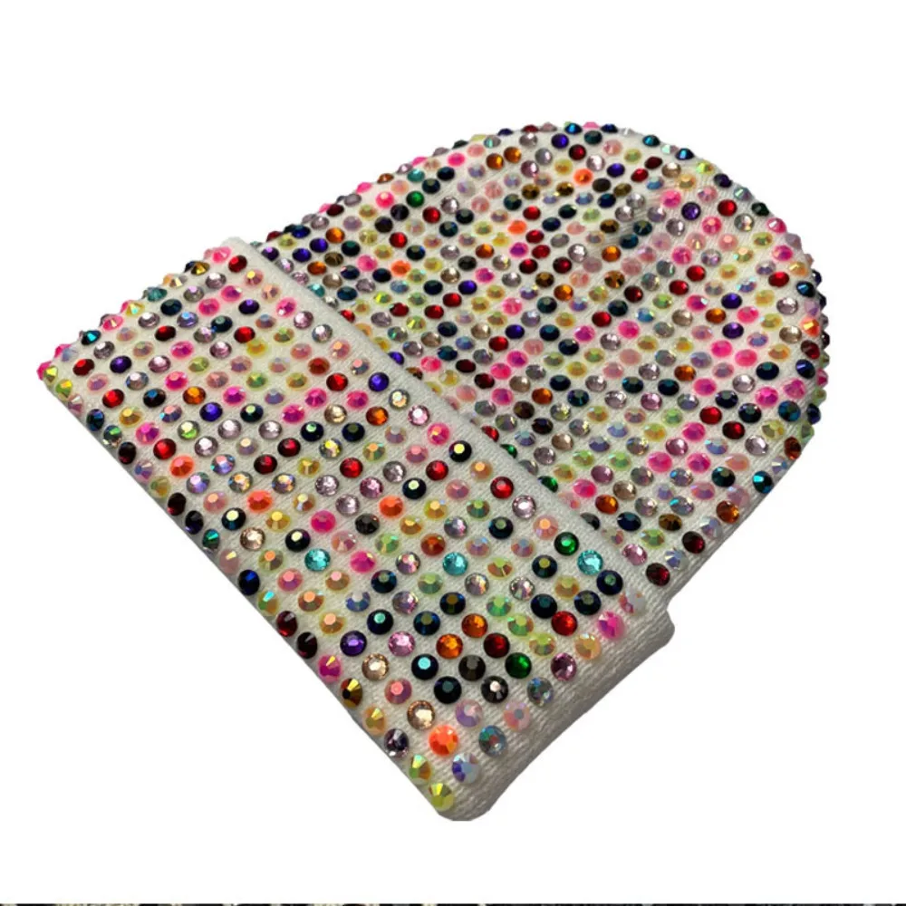 Casual Versatile Beanie Hat Stretchy Crimping Warm Hip-hop Cap Shiny Windproof Rhinestone Knitted Cap for Men and Women