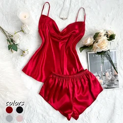 Women's Sexy Solid Satin Pajama Set,2Pcs Tank Cami Top & Shorts,Comfortable Relaxed Fit Sexy Pajamas Loungewear,Silk Pajama Sets