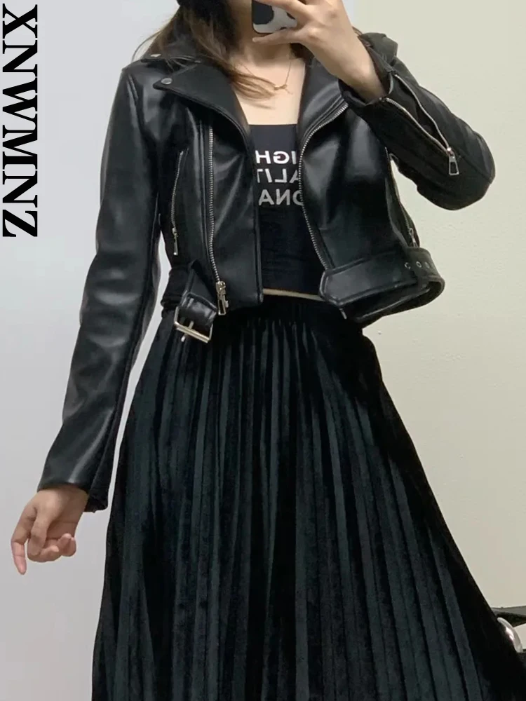 XNWMNZ 2022 Women Fashion Black Faux Leather PU Jacket Woman Belt Zipper Slim Fit Short Outerwear Female Chic Jacket