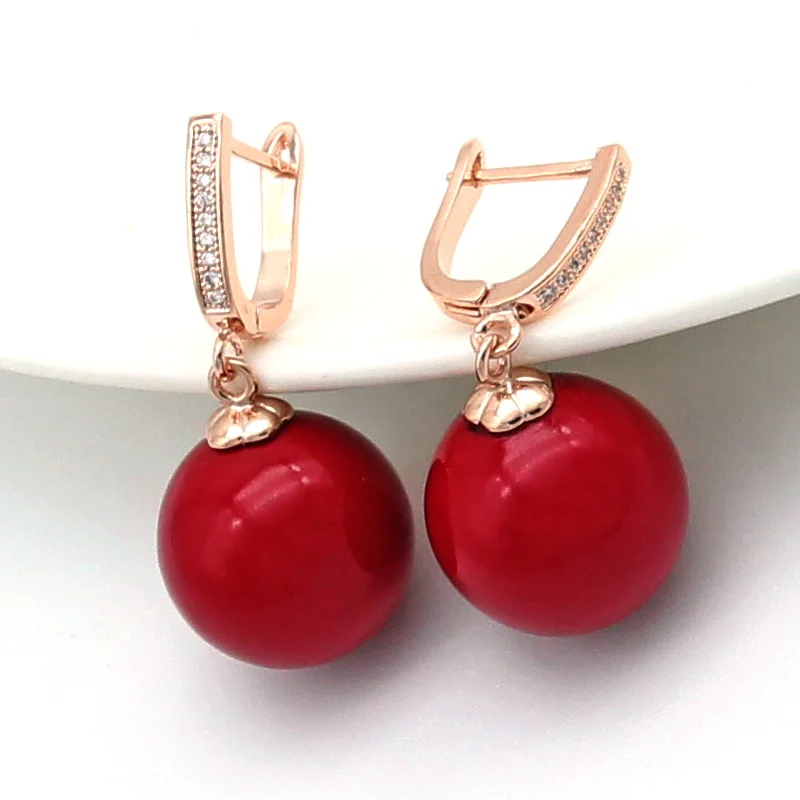 SHENJIANG New Fashion Colorful Round Red Simulated-pearl Drop Earrings For Women Wedding Elegant 585 Rose Gold Color Jewelry