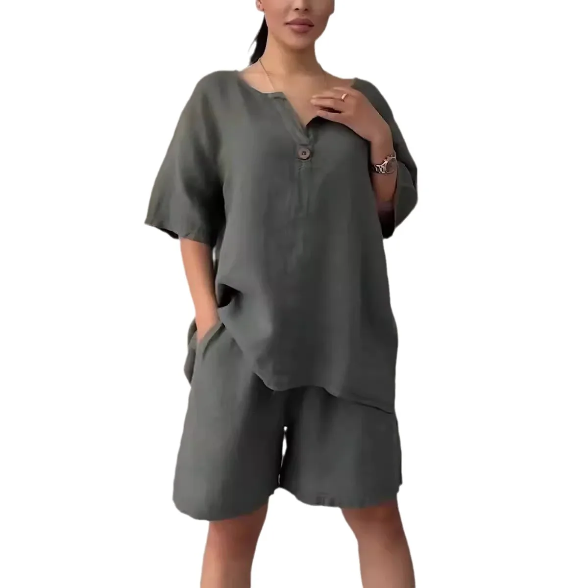 Ropa De Mujer Moda 2026 Conjuntos Spring Summer Five Quarter Sleeve Button Top Plus Size Shirt Top High Waist Shorts 2 Piece Set