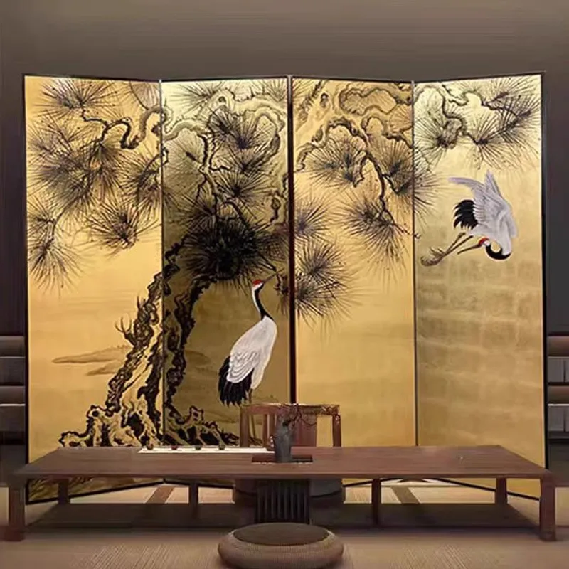 ！@Japanese Gold Leaf Screens Room Dividers Pine Crane Painted Decorative Partition Wood Furniture for Villa for Living Room
