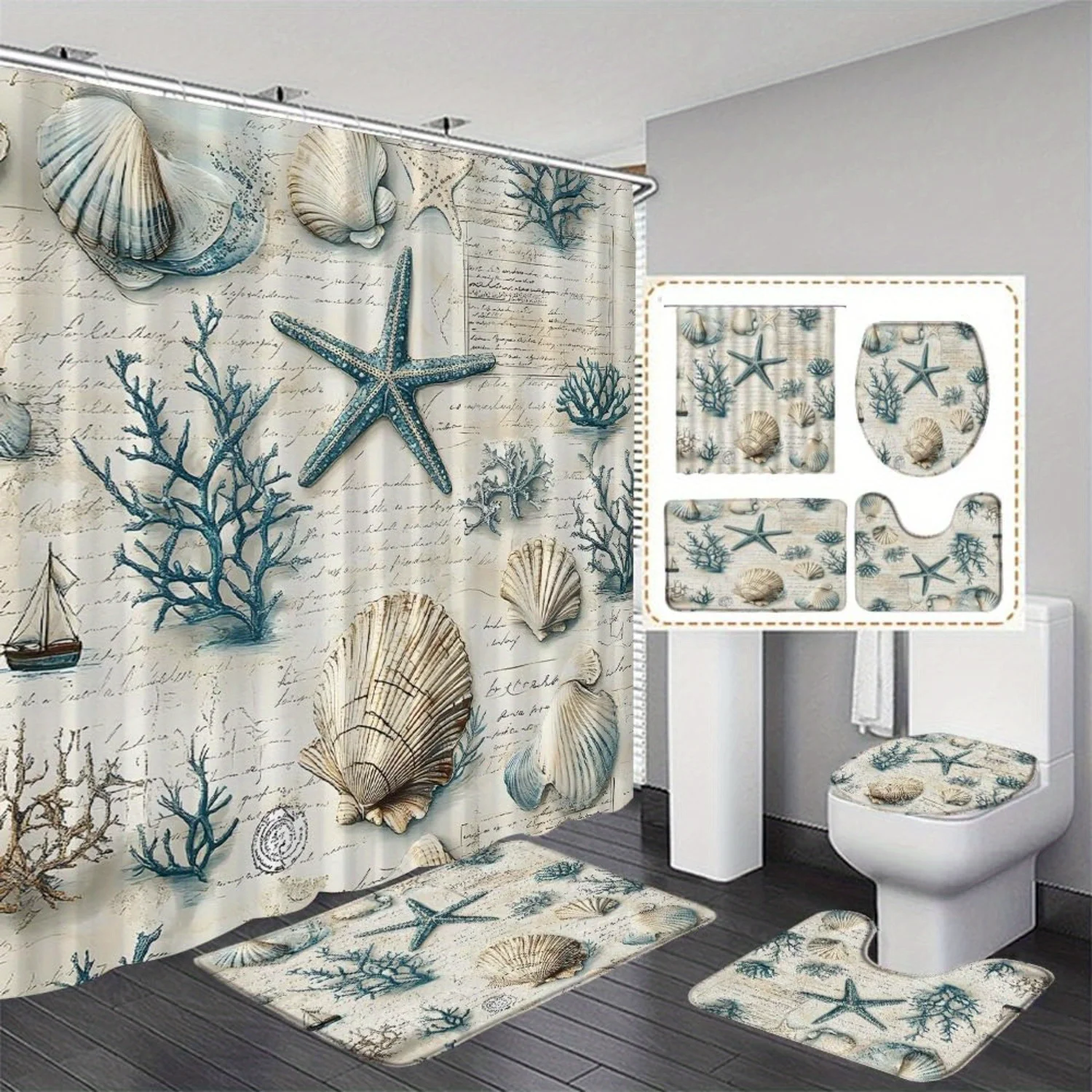 

Набор из 4 предметов: винтажный декор для ванной комнаты в морском стиле, полиэфирная ткань, занавеска для душа, коврик для унитаза, нескользящий коврик, U-образный коврик
