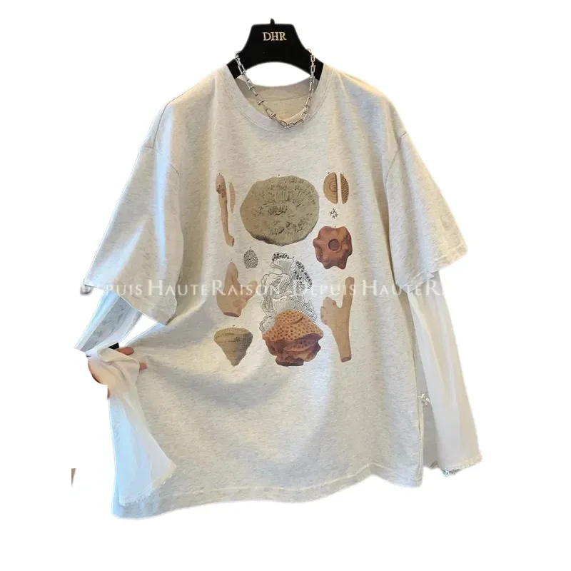 Plus Size Women's Mesh Splice Fake Two-Piece T-Shirt Coral Print Casual Loose Summer Top