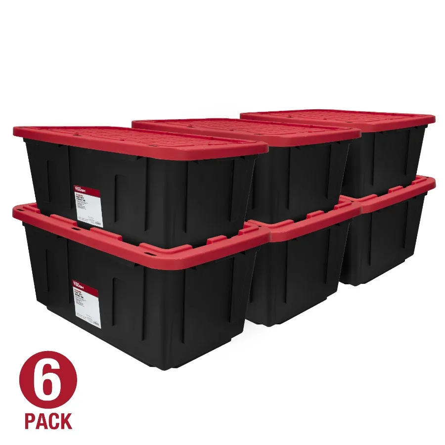 

6 Pack 27 Gallon Large Storage Bin with Snap Lid Black Red, Heavy Duty Plastic, Stackable for Garage, Basement, Closet Organiza