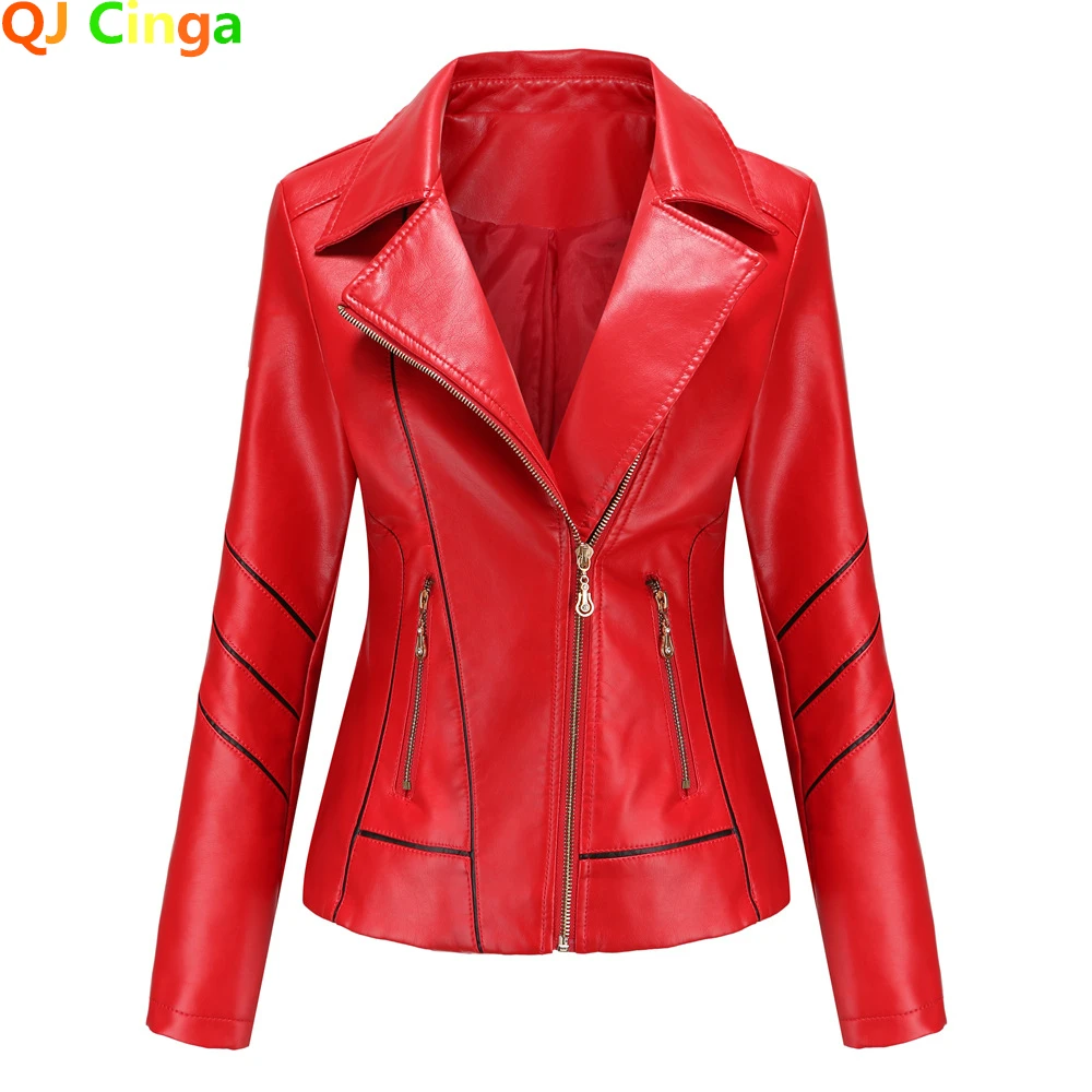 Chaqueta de cuero sintético para mujer, abrigo informal de motorista, color rojo, a la moda, para primavera y otoño