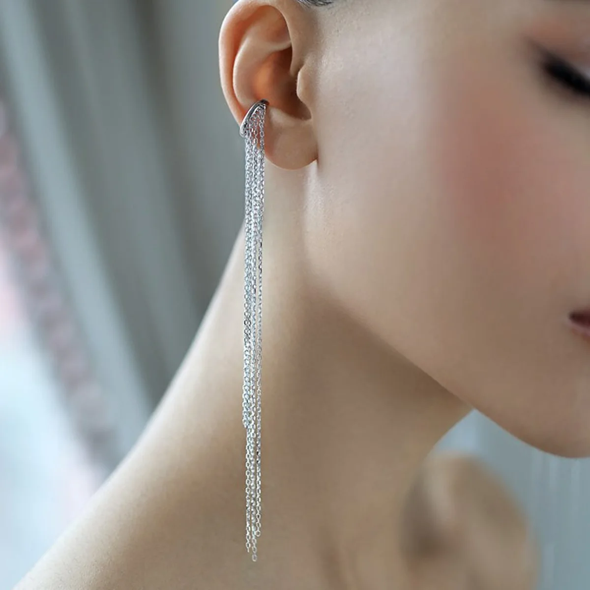 F.I.N.S Minimalist S925 Sterling Silver Single Long Fringe Clip Earring For No Hole Piercing Free Ear Fine Jewelry No Allergic