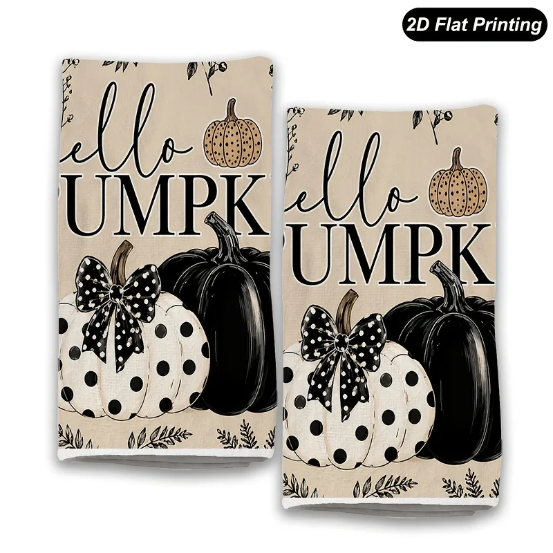 Pack of 2, Hello Pumpkin, Black and White Fall Kitchen Towels - Vintage Farmhouse Style Dishtowels for Thanksgiving Decor