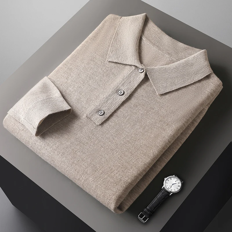 Men's Polo Neck Long-sleeve Shirt Autumn Winter New Merino Fine Imitation Wool High End Business Casual Lapel Knitted Sweater