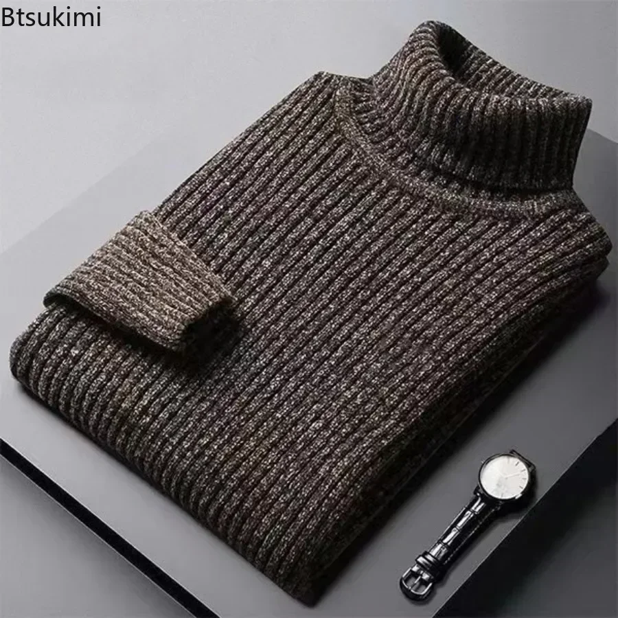 New 2024 Men\'s Thick Warm Sweaters Knitted Casual Winter Thickened Man PulloversHigh Neck Solid Slim Soft Sweaters for Men Tops