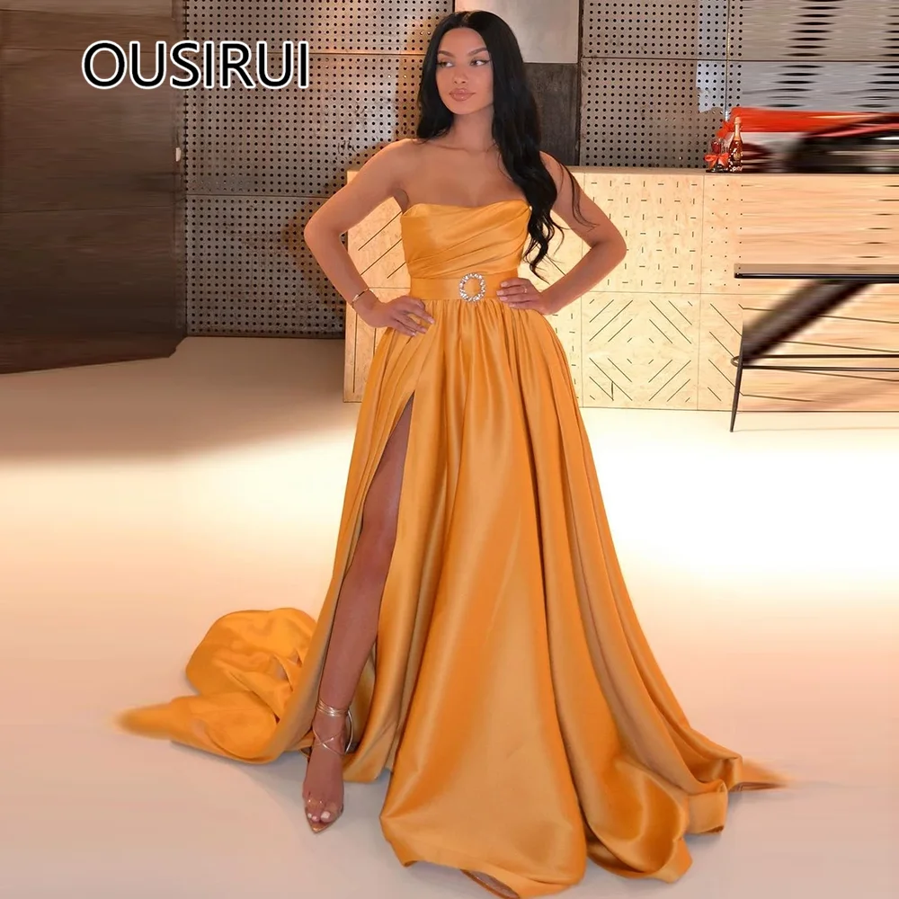 

OUSIRUI Dramatic Strapless Satin Pleated Formal Evening Party Dress A-line Side Slit Cout Evening Gown Custom robe de mariée