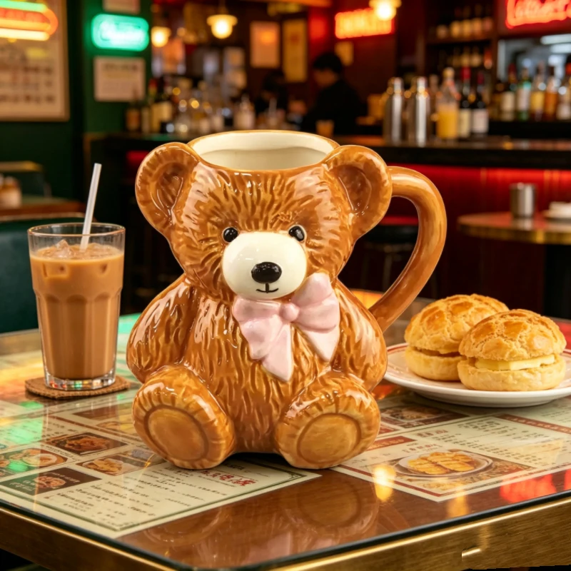 Cute Teddy Bear Ceramic Mug, 320ml 3D Bear Shaped Coffee Cup with Handle, Home Drinkware, Collection Decorations