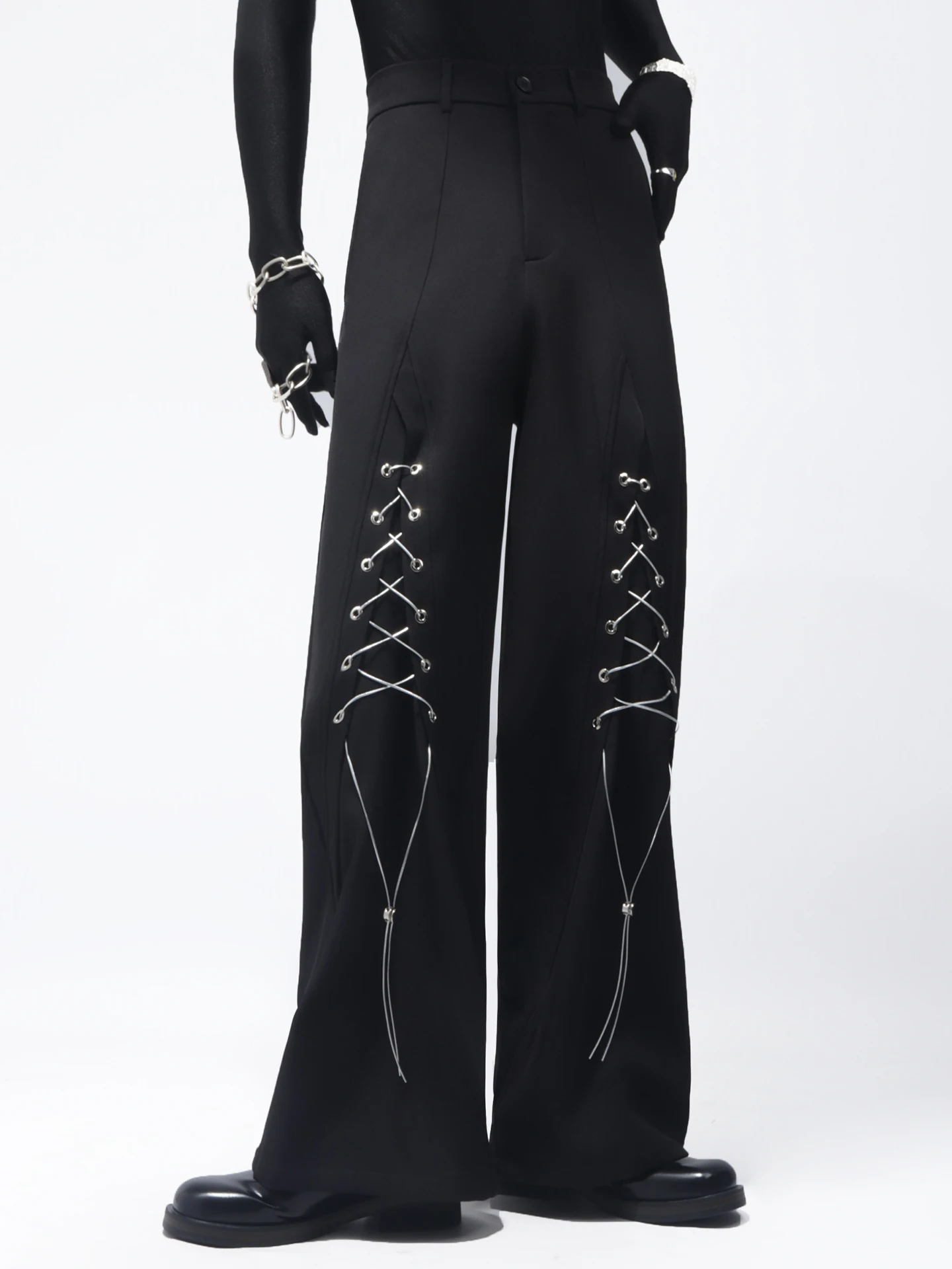 Fashion Trend Korean Version Heavy Craft Black Casual High-End Feel Loose Tie Design Youth Popular Wide-Leg Pants for Men