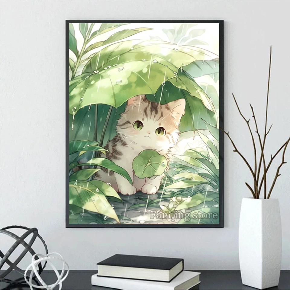 5D DIY Diamond Painting Cat shelter From the Rain Full Mosaic Diamond Embroidery Animals leaf Rhinestone Home Decoration GiftL79