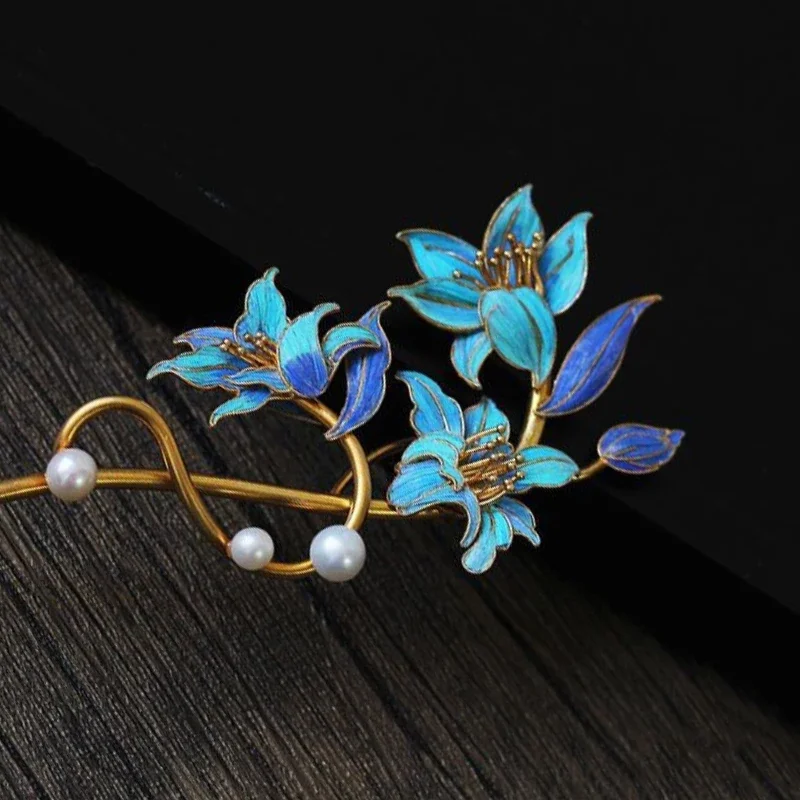 Light Luxury Enamel Pearl Hanfu Classical Elegant Refreshing Blue Lily Flower Tiara Fashion Accessories Qipao Hair Jewelry