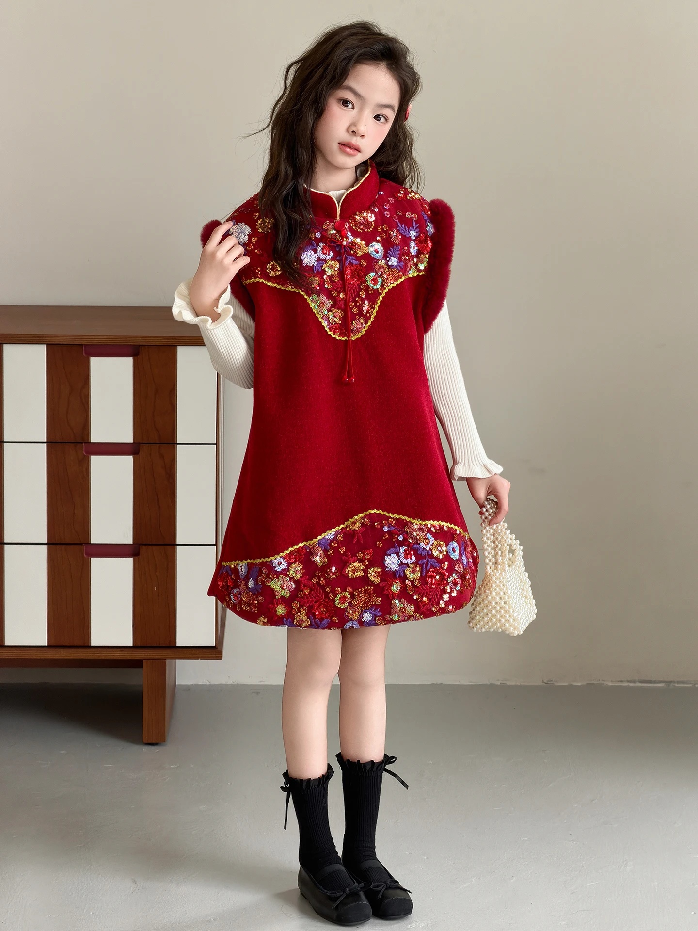 

Утепленный зимний комплект одежды для девочек: наряд для китайского Нового года, с цветочным пэчворком, длинными рукавами, свободного кроя, детский