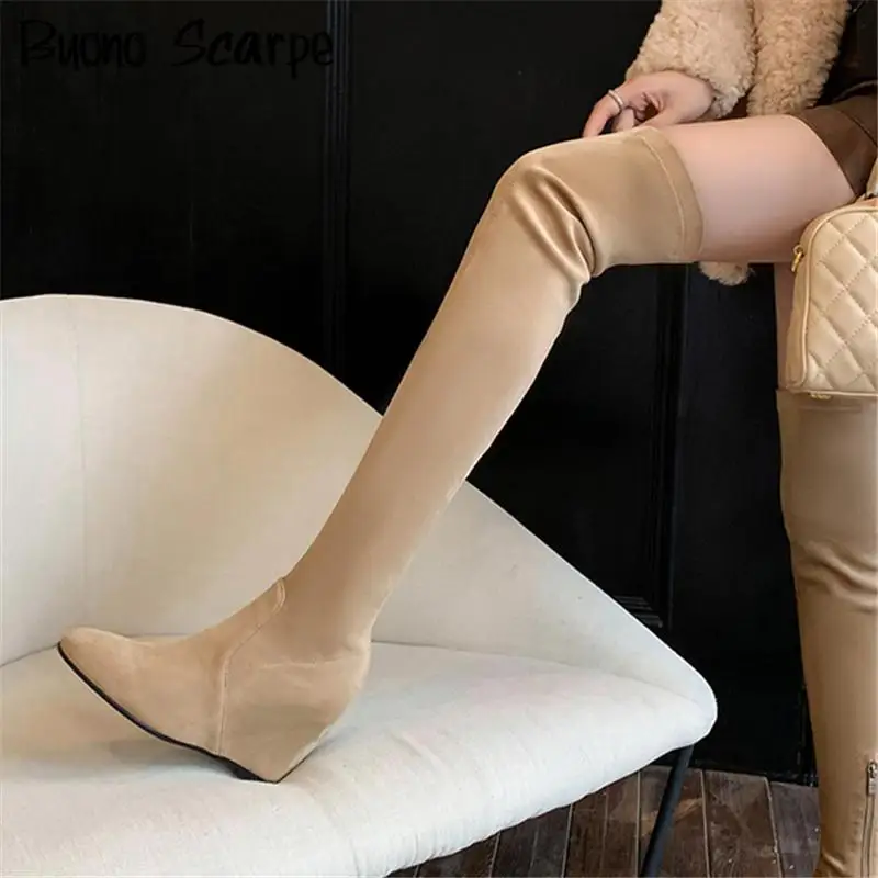 Over The Knee Suede Leather Round Toe High Heels Wedges Women Boots Solid Color Zipper Stretch Fashion Trend Western Sexy Shoes