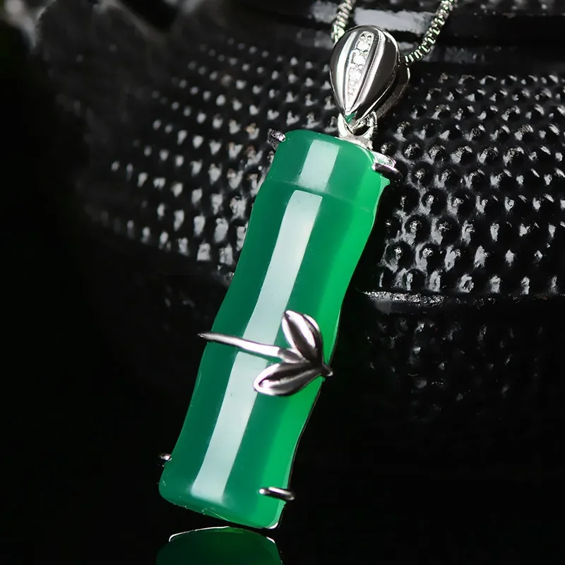 Natural Green Chalcedony Hand Carved Bamboo Pendant Fashion Jewelry Men and Women's 925 Silver Inlaid Necklace