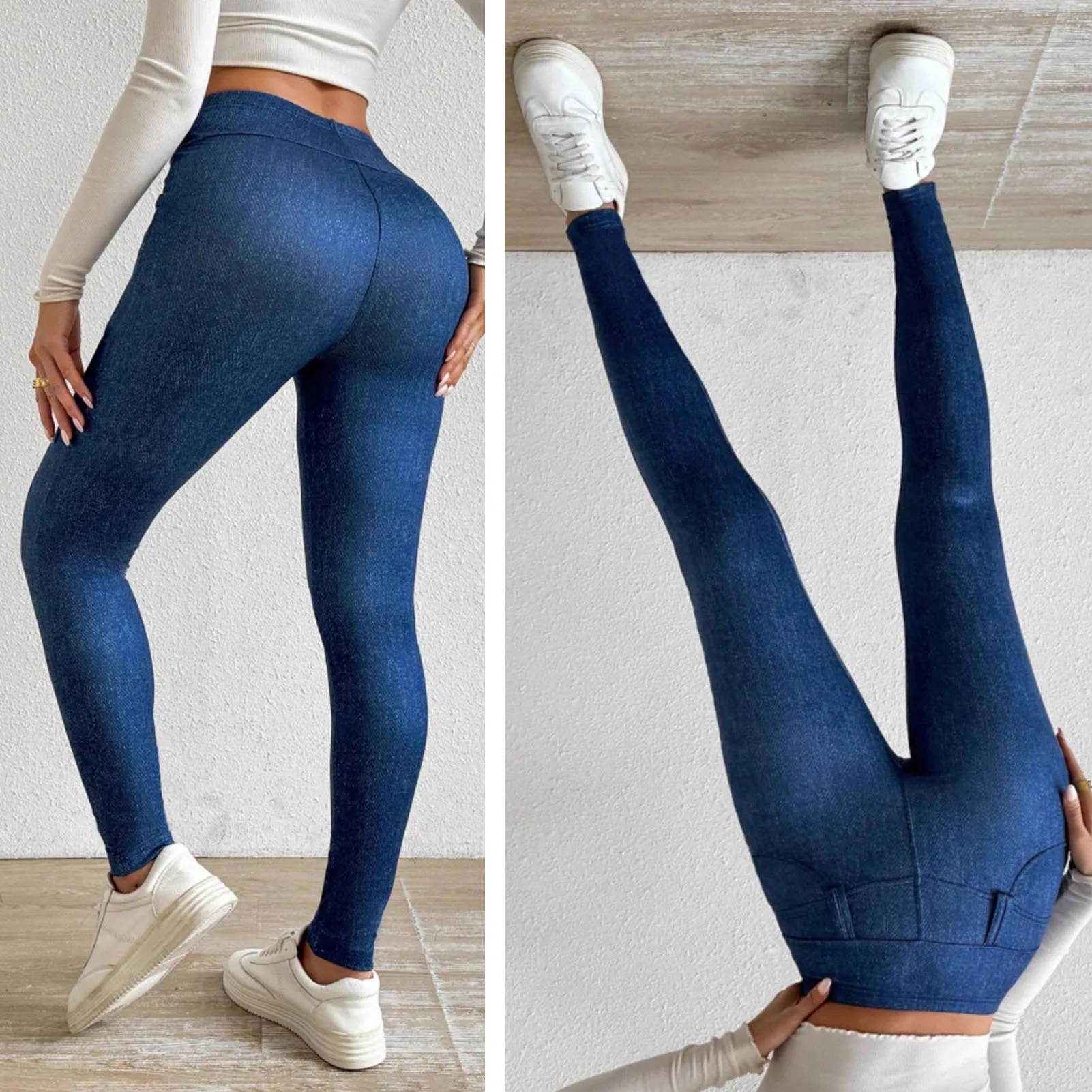 Damskie obcisłe legginsy jesienne o pełnej długości, codzienne, wygodne spodnie do ćwiczeń, imitacja jeansów, spodnie typu pencil pants.