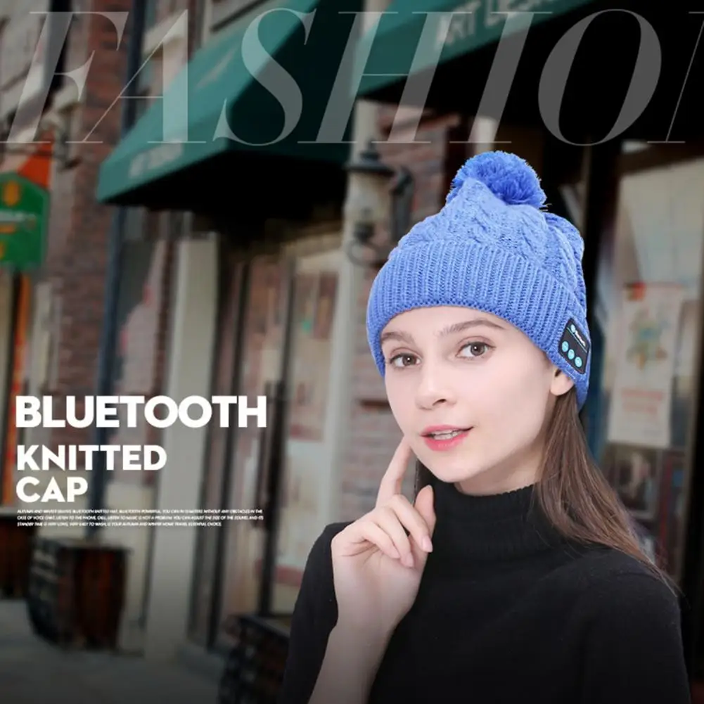 Unisex Knitting Hat Solid Color Bluetooth-compatible 5.0 Warm Hat Twist Texture Plush Ball Beanie Hat Wireless Headphones Beanie