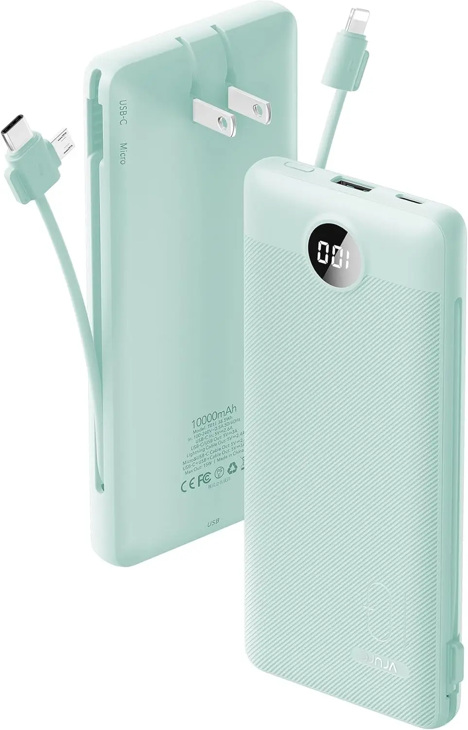 

10000mAh Portable Charger with Built-in Cables and AC Wall Plug, Compact Travel Battery for Phones and Tablets - Green