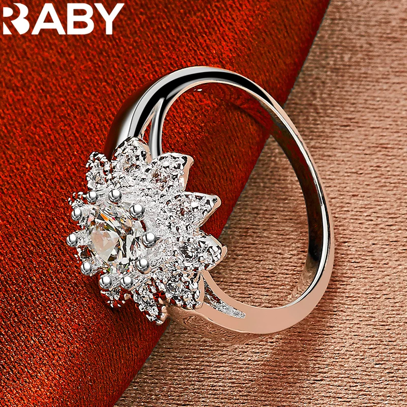 

URBABY 925 Sterling Silver Crystal Zirconia Flower Ring For Women Wedding Engagement Party Jewelry Bride's Eternal Rings