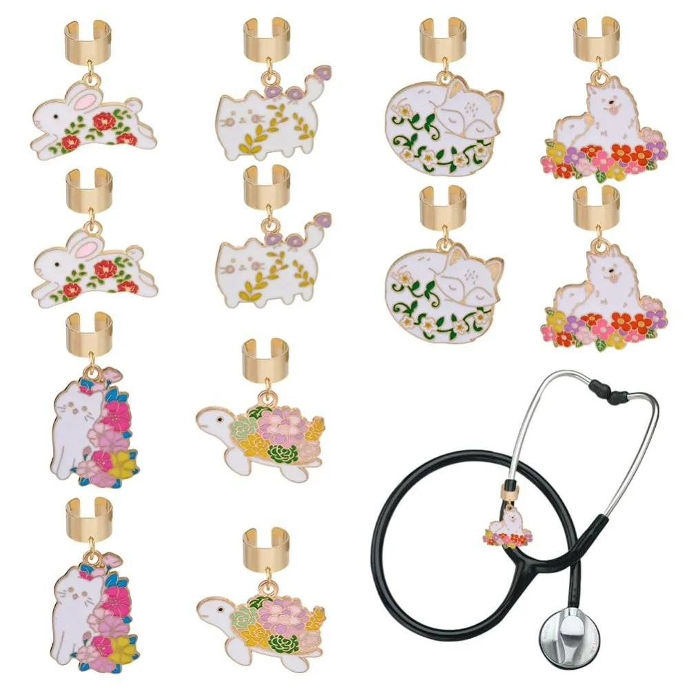 12 Uds. 6 estilos dijes de estetoscopio tema Animal aleación esmalte estetoscopio colgante decoraciones estetoscopio etiqueta de nombre de identificación con hallazgos