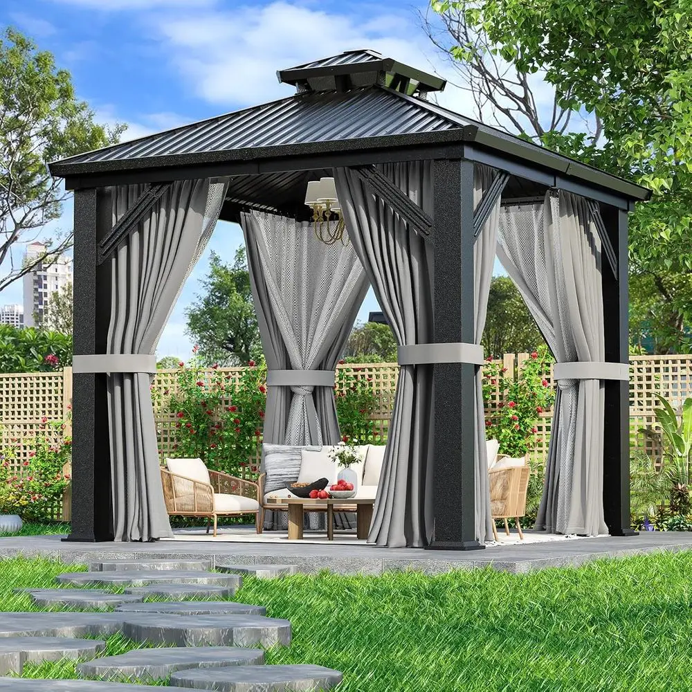 

8x8m Steel Gazebo with Double Roof, Outdoor Pergola w/ Curtains & Mesh, Ideal for Patio, Garden, Deck, Parties