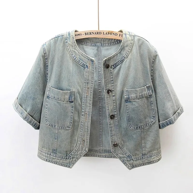 

Vintage Light Blue O Neck Big Pocket Short Sleeve Denim Jacket Women Slim Short Cowboy Outerwear Casual Jeans Jacket Coat Female