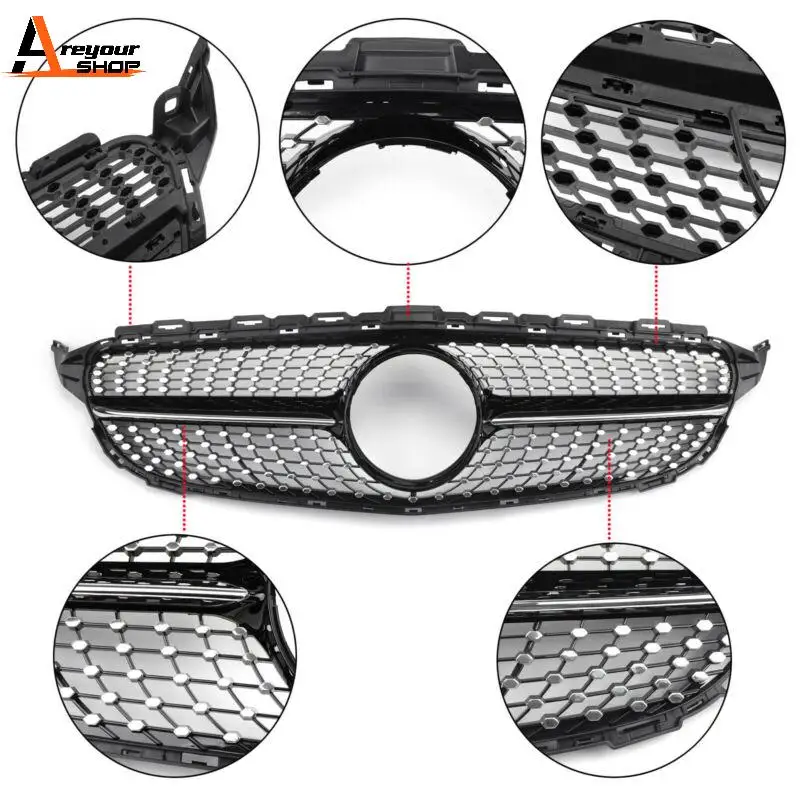 Areyourshop New Front Diamond Grill for Benz W205 C Class C250 C300 C400 2015-2018 Radiator Grille Car Parts