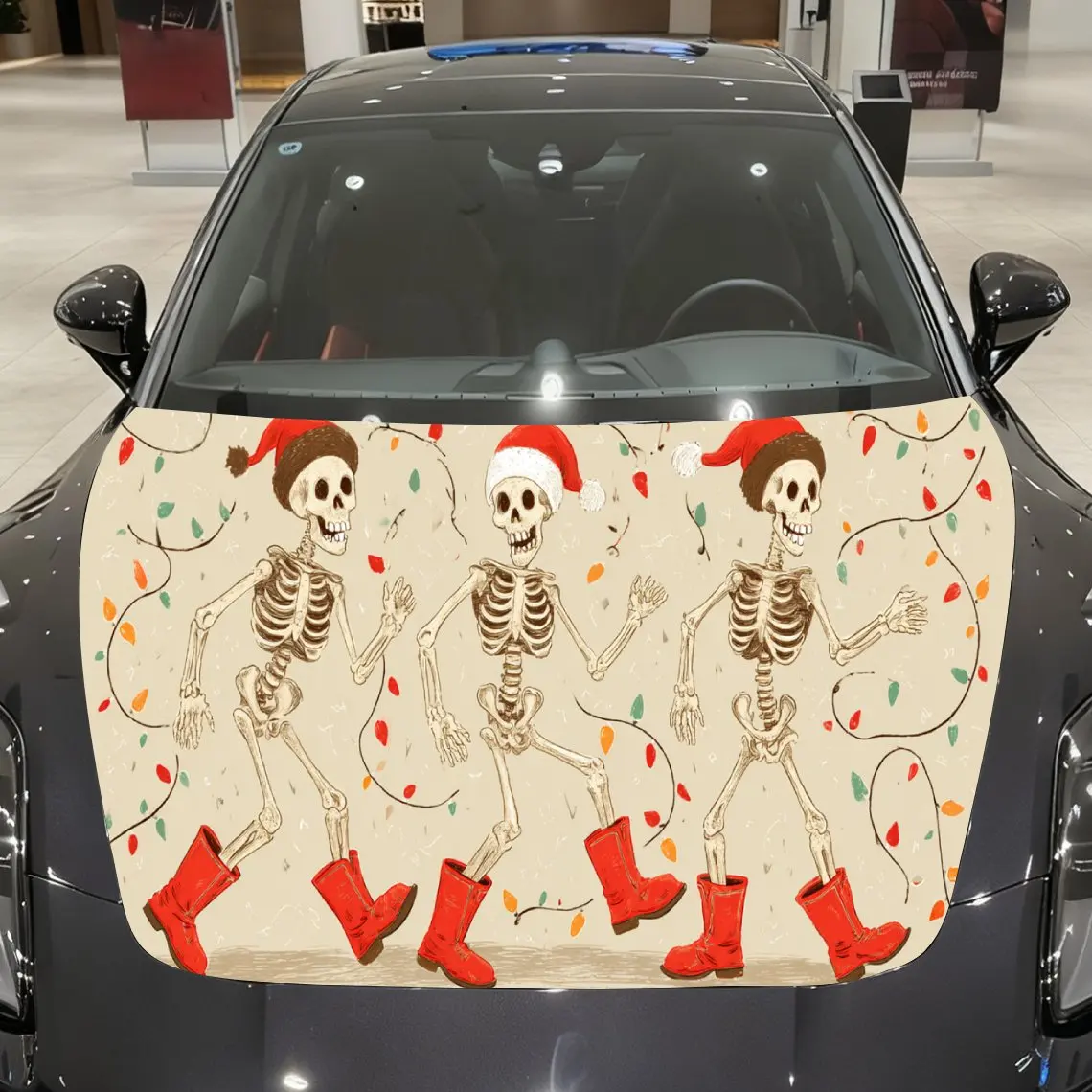 

Christmas Skeleton Car Hood Wrap, Santa Hat Skeletons with String Lights Car Hood Decal, Festive Car Exterior Accessory, Waterpr