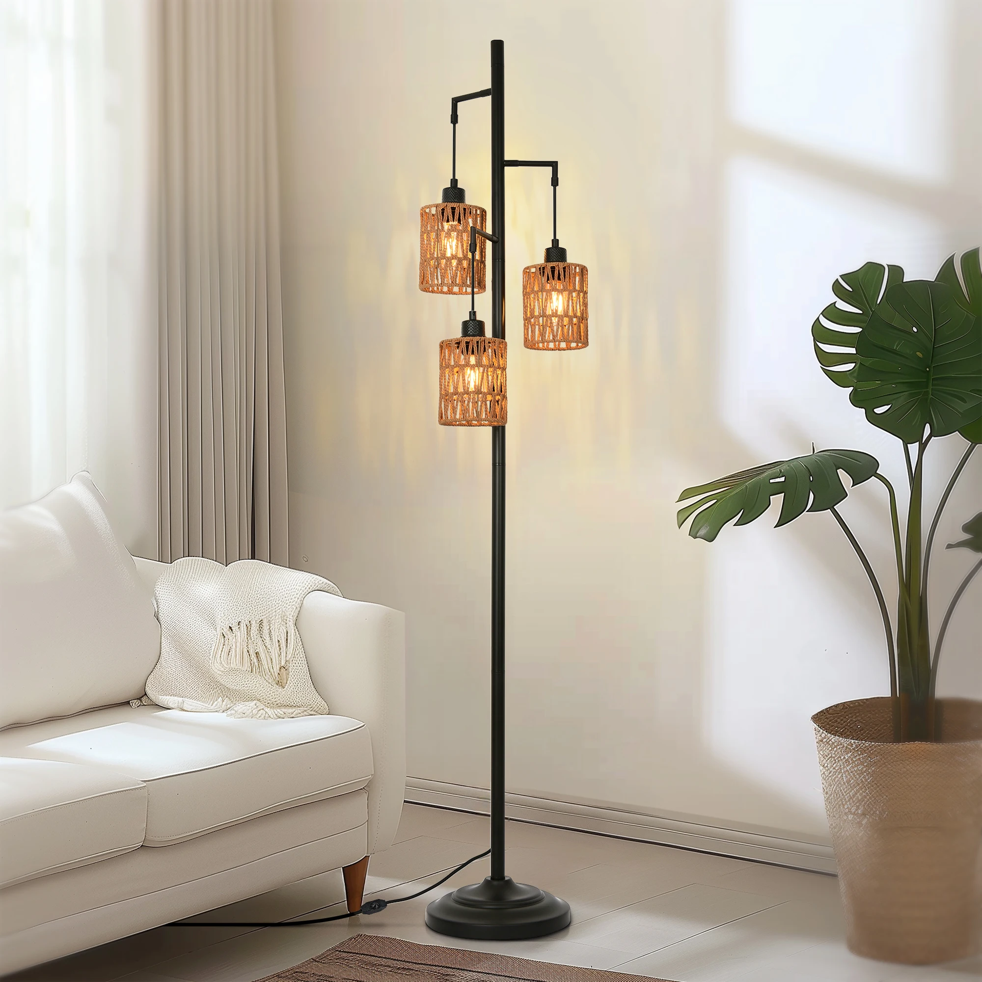 Farmhouse Floor Lamp 3 Light Boho Floor Light with Rattan Shade Dimmable Floor Lighting Fixture for Bedroom Office Decor
