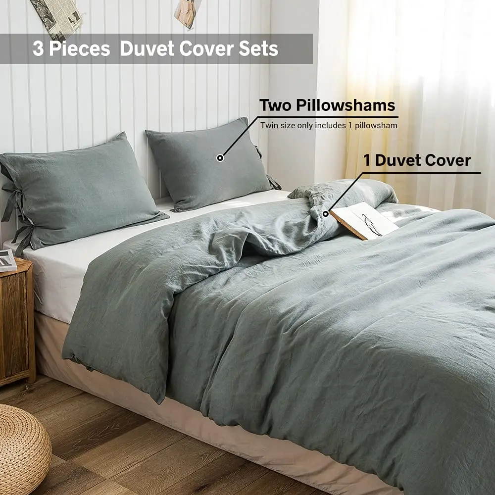 Simple&Opulence  3Pcs 100% Linen Bedding Set With Tie Natural Flax French Breathable King Size Pillowcase Duvet Cover Bed Sheets