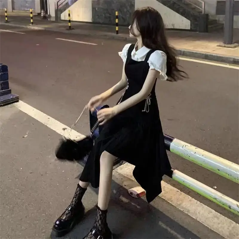 Long Dresses 2Pcs Set Women Chic Preppy Style Puff Sleeve Tshirt Top Bandage Design Irregular Slip Dress Suit Summer Fashion