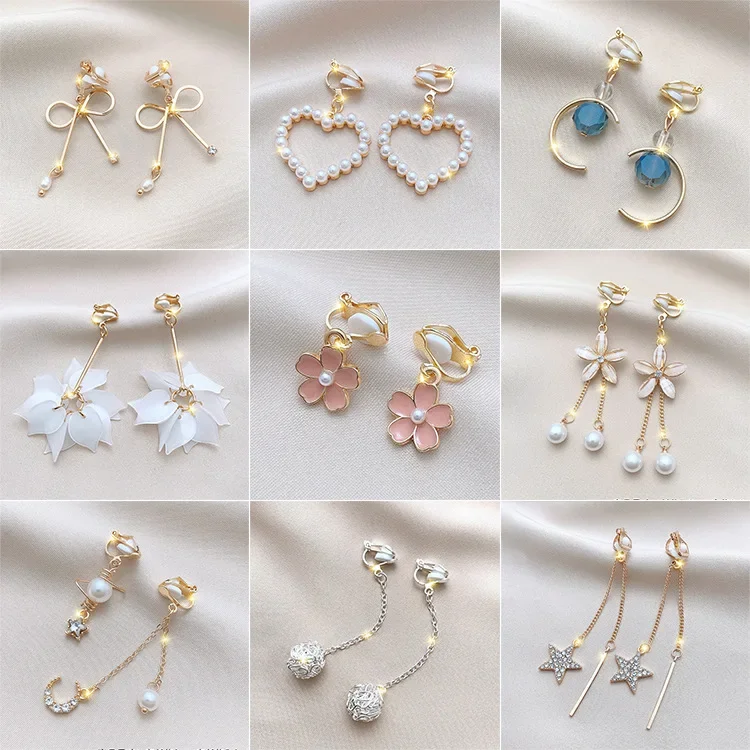 Fashion long Tassel Ear Clips Earrings Without Ear Holes Female Trendy Korean Cute Sakura Flower Clip on Earrings Ear Jewelry