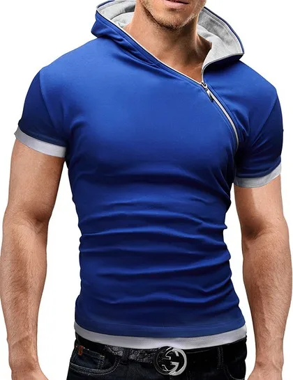 2023 New Men\'s Zipper Shirt Tops Tees Summer Cotton V Neck Short Sleeve T Shirt Men Fashion Hooded Slim T Shirts