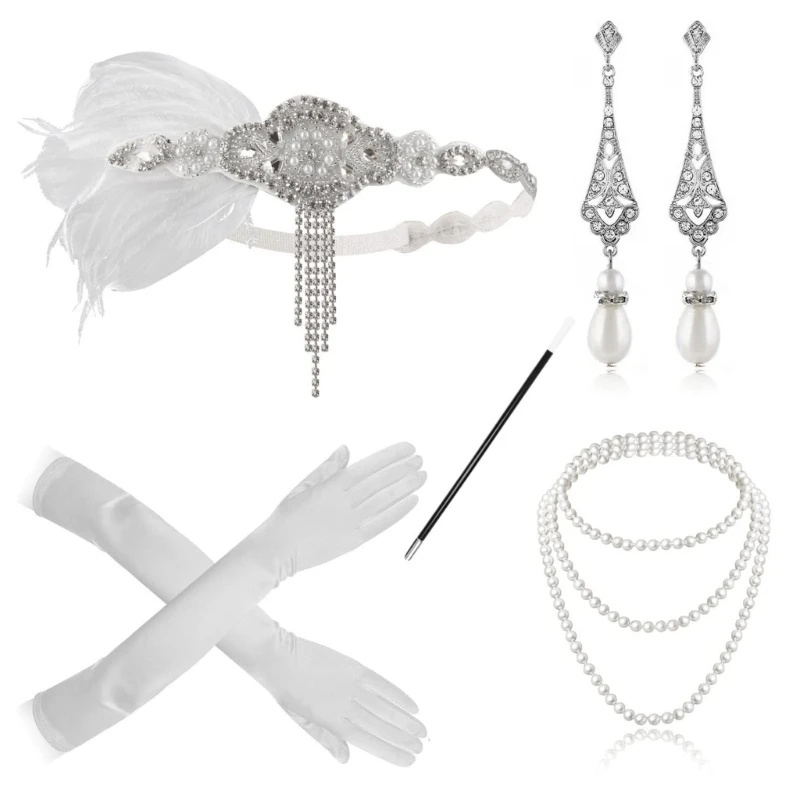 Nieuwe stijl jaren 1920 Flapper-accessoireset met veren hoofdband, handschoenen, ketting, oorbellen