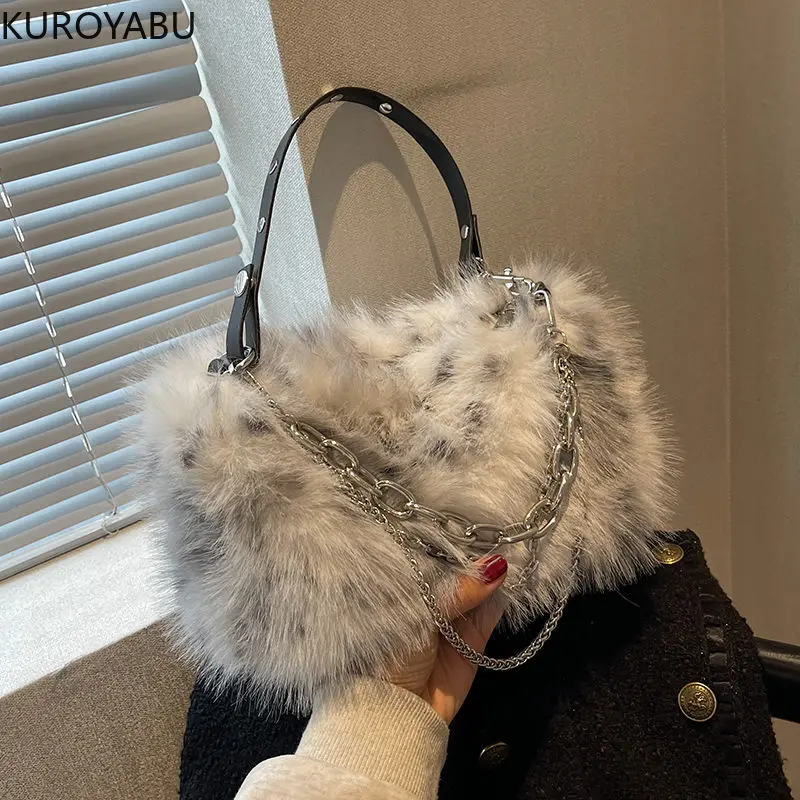 Luxury Y2k Women Shoulder Underarm Bags Fashion Chains Faux Fur Ladies Furry Crossbody Bag Soft Plush Female Handbags Tote Purse