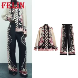 TRAF 2023 Autumn Women Bohemian Print Suit Loose Fit Single Breasted Shirt+Zipper Long Stright Leg Pants Casual Women Sets