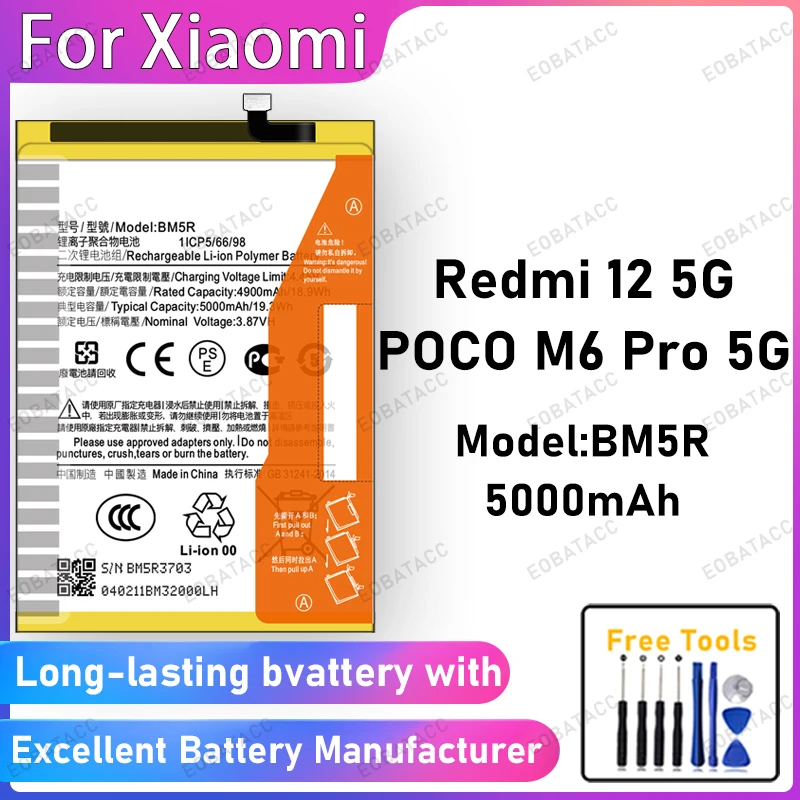 

100% New 5000mAh BM5R Battery For XIAOMI Redmi 12 5G/POCO M6 Pro 5G Battery Replacement Bateria+Free Tools