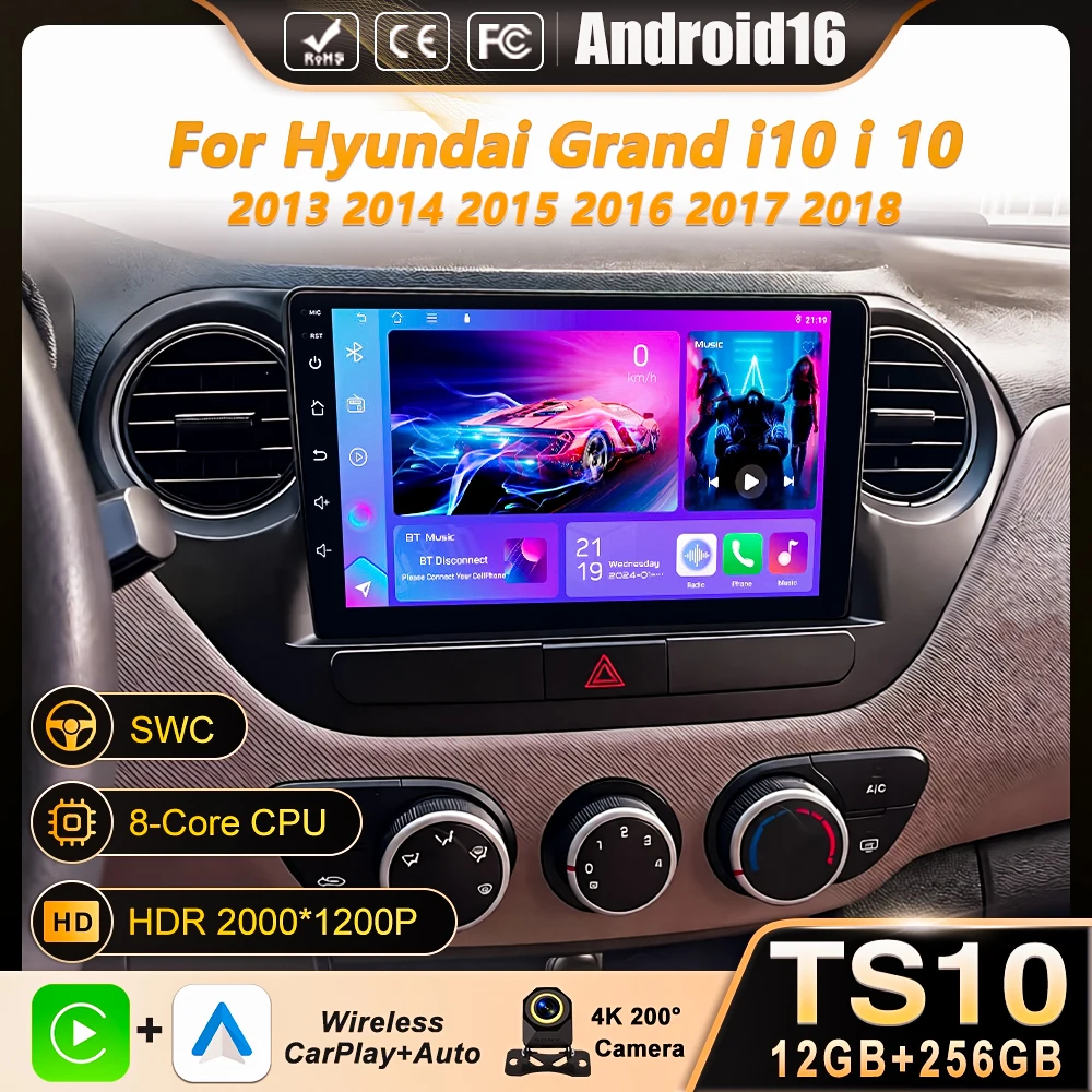 Автомагнитола Android 16 для Hyundai Grand i10 2013-2018 с GPS-навигацией, беспроводным CarPlay и DSP