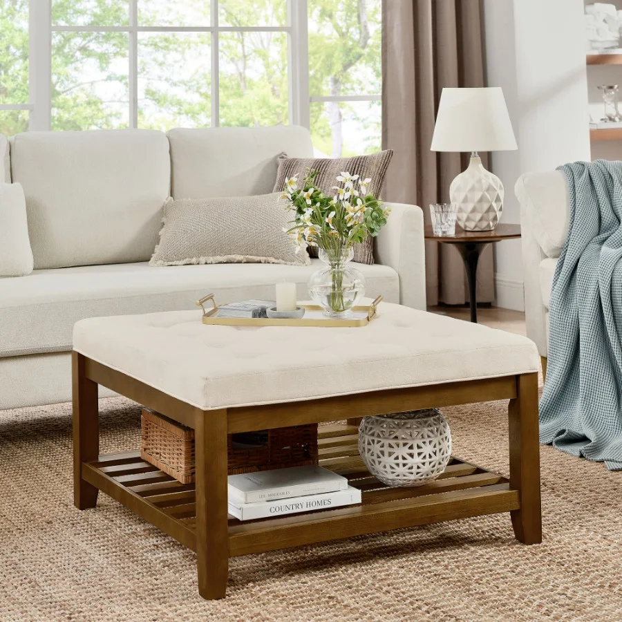 Upholstered Coffee Table Tufted Linen Large Square Ottoman with Beech Wood Shelf and Frame, Oversized Footrest for home office