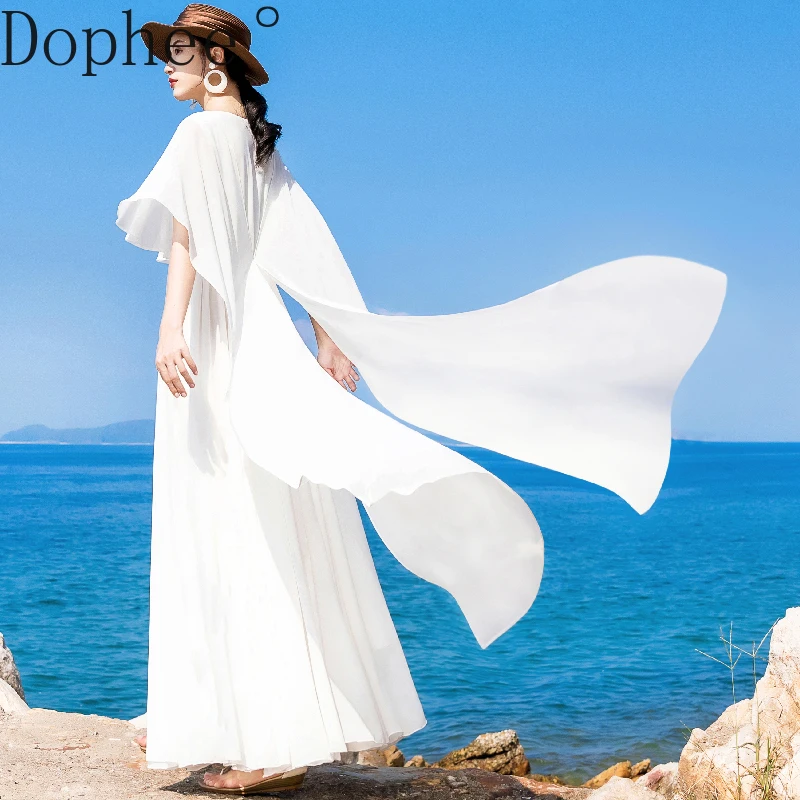 

Large Size White Ruffles Dress for Women Spring Summer Vintage Big Bottom Long Chiffon Dress Elegant Cloak Shawl Vacation Dress