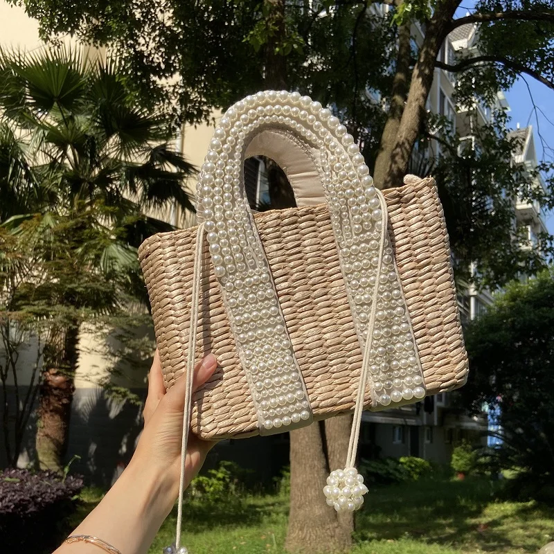 Sommer Strand Stroh Tasche Große Tote Körbe Design Perlen Wicker Woven Schulter Taschen Luxus Mode Perlen Rattan Frauen Handtaschen